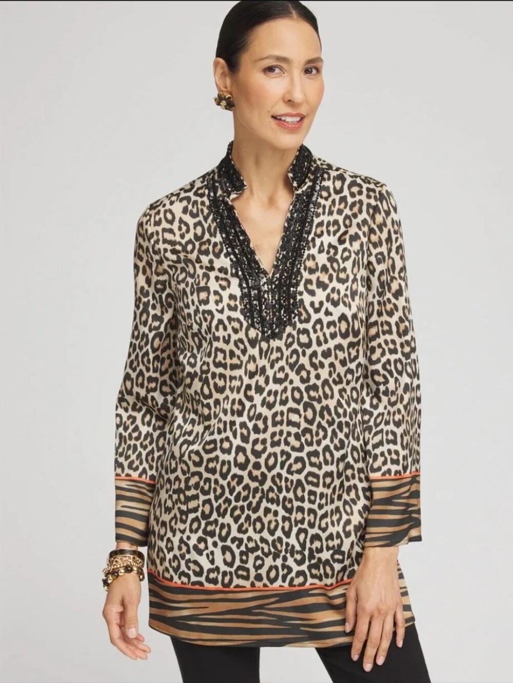 Chico's Embellished Animal Print Beaded Kurta V-Neck Tunic Top 2X